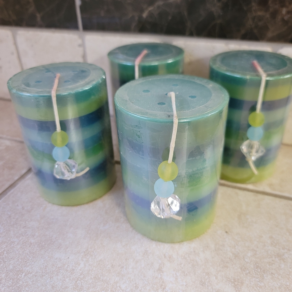 Pier 1 Set Of 4 Sugared Melon Blue & Green Striped Beaded Candle Set